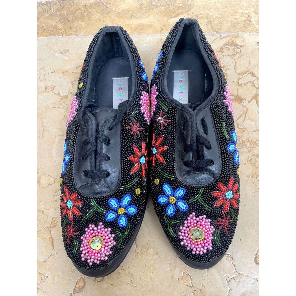 Vintage Sneakers Sz 12 W Beaded Floral Fairy Artsy Art to Wear Maximalist Boho